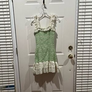 Green Smocked Ruffle-Trim Mini Dress